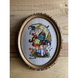 Framed Cross-stitch Cottage Core Hummel Large 12x9.5" Nursey Child Flower Nature